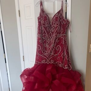 Gorgeous red beaded and ruffled bottom prom gown